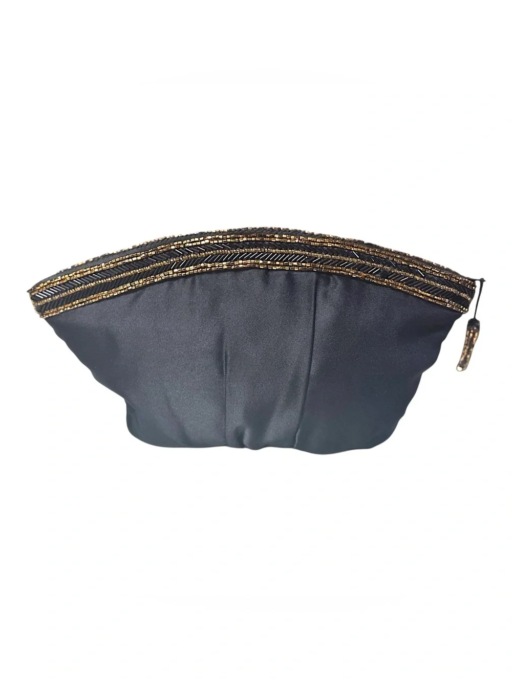 Genie 80’s Glam Black Satin Evening Clutch with Gold/Black Beaded Gathered Frame